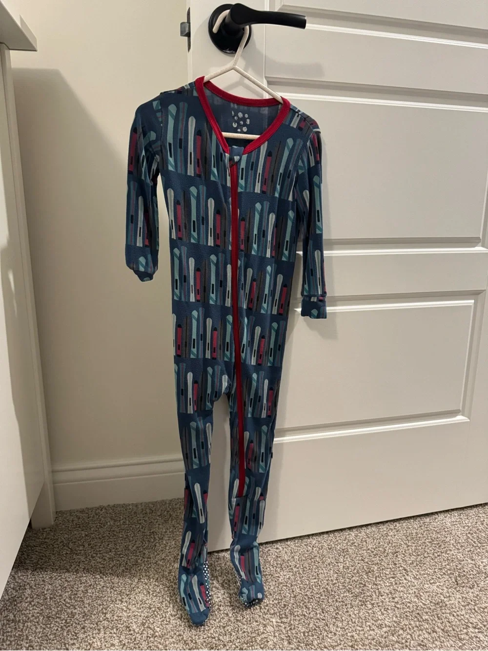 Set of Kickee Pants Red-Trim Zip Rompers - Black & White Plaid and Blue Pattern